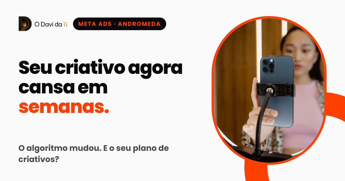 Mulher gravando vídeo com o celular preso a um ring light, com o título Seu criativo agora cansa em semanas