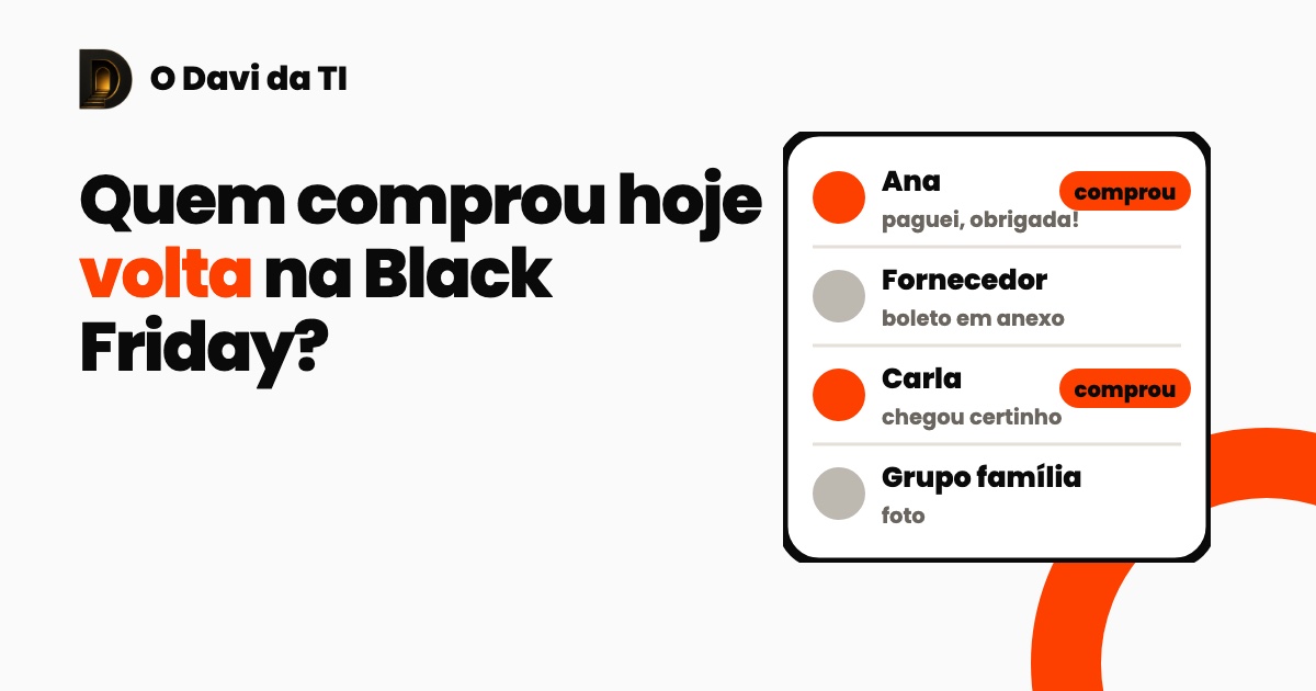 Capa com uma lista de conversas do WhatsApp, duas marcadas com a etiqueta comprou, e o texto: quem comprou hoje volta na Black Friday?