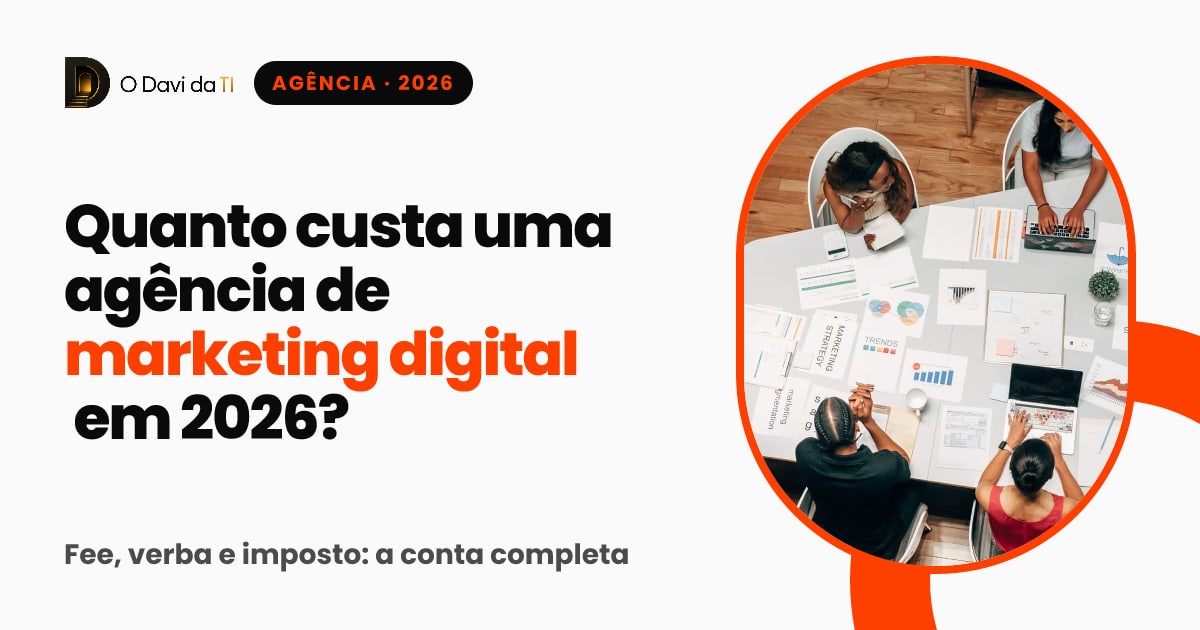 Equipe em reunião ao redor de uma mesa com gráficos e notebooks, com o título Quanto custa uma agência de marketing digital em 2026?